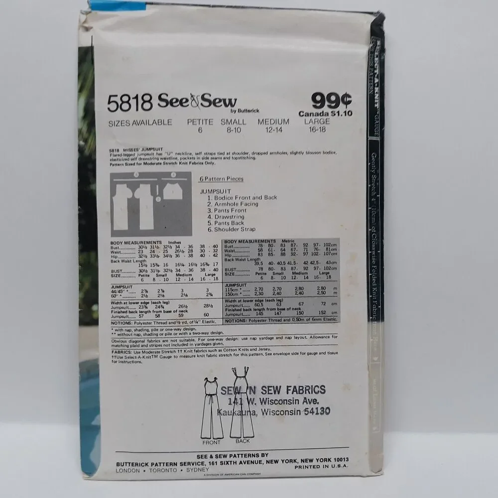 NEW Vintage Butterick Sewing Pattern 5818 See & Sew Medium 12/14 Womens Jumpsuit
